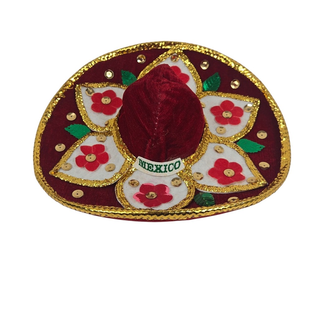 Mini Sombrero Mexico Floral Sequin‎ Velvet Burgundy Small 8" Souvenir Hat